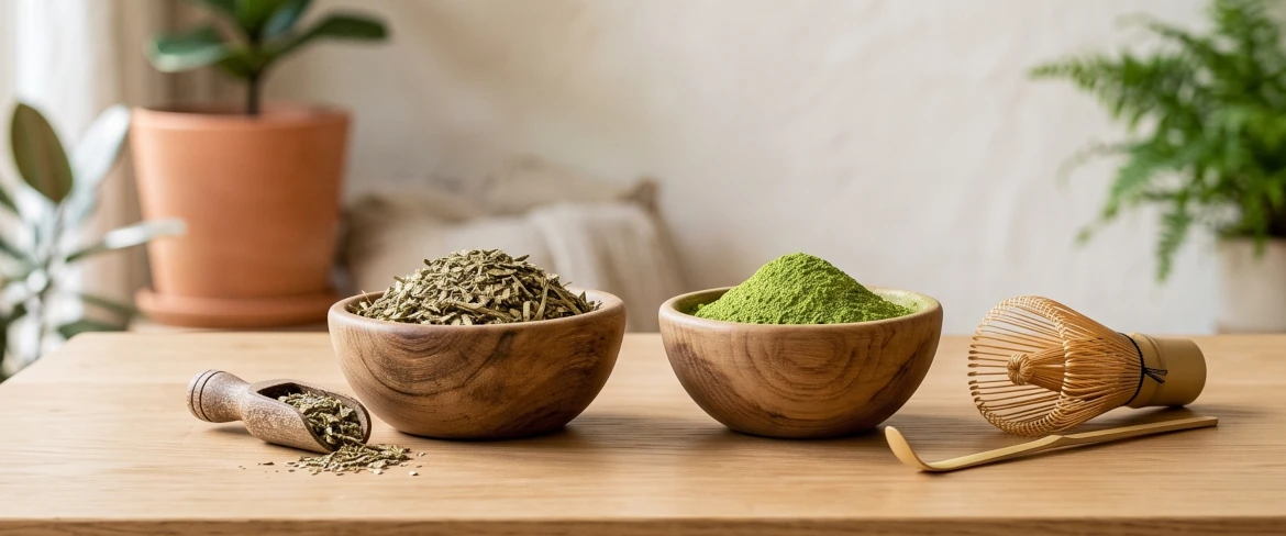 Ceaiul verde matcha vs. yerba mate: boluri din lemn cu frunze uscate de yerba mate și pudră verde de matcha.