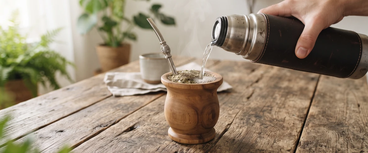 Apă fierbinte turnată dintr-un termos într-o tărtăcuță de lemn pentru mate, în care se află yerba mate și o bombilla.