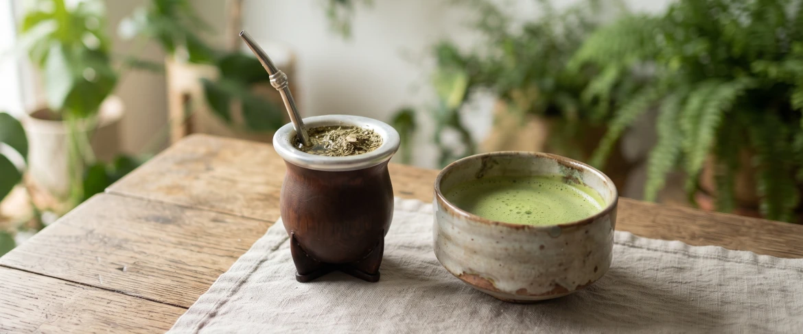 Comparație directă între matcha și yerba mate: o tărtăcuță de mate cu o bombilla și un bol ceramic cu infuzie.