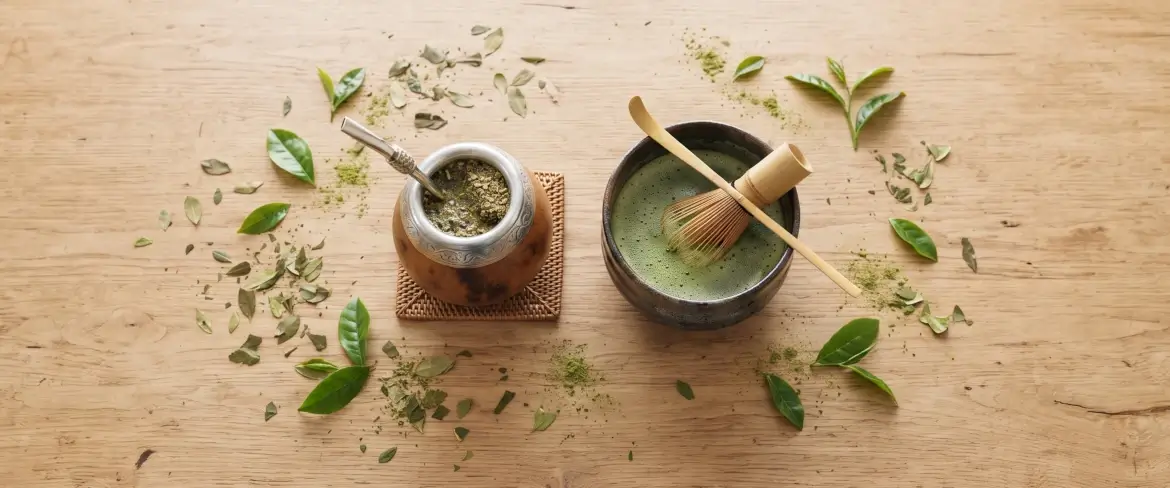 Vedere de sus a yerba mate și matcha: o tulpină de mate din lemn și un bol din ceramică, înconjurate de frunze.