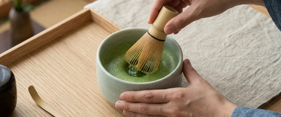 Pregătirea ceaiului matcha într-un bol pentru matcha cu ajutorul unui chasen – un set pentru matcha