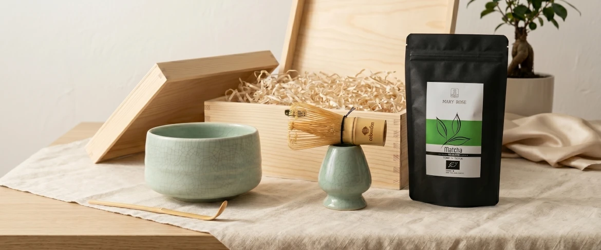 Set cadou cu matcha – cană pentru matcha, chasen și ceai matcha în ambalaj
