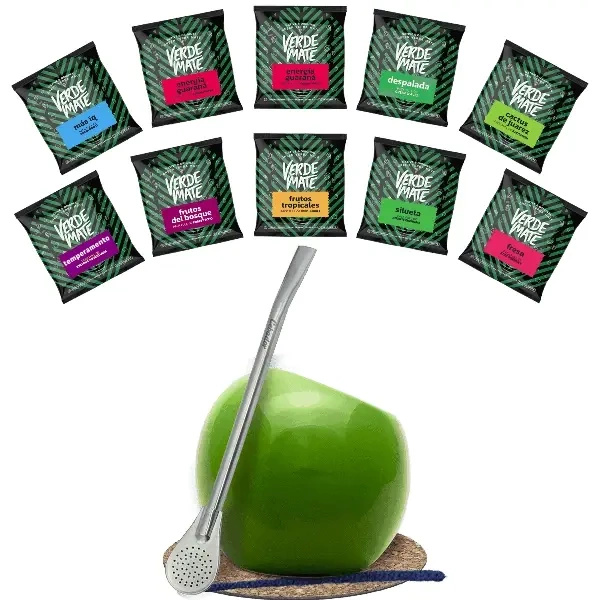 Set de Yerba Mate: mostre Verde Mate 10x50g + Calabash + Bombilla