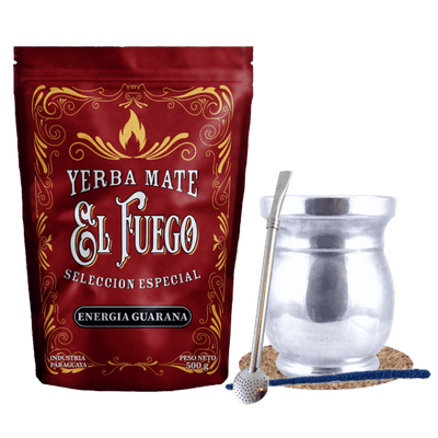 Set de Yerba Mate: El Fuego Energia Guarana 500g + Palo Santo + Bombilla