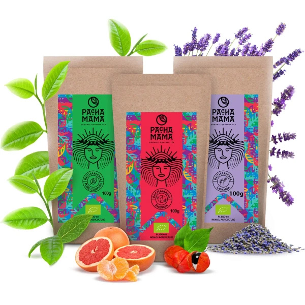 Set cadou Guayusa Pachamama: Pure + Lavanda + Energia 3x100g