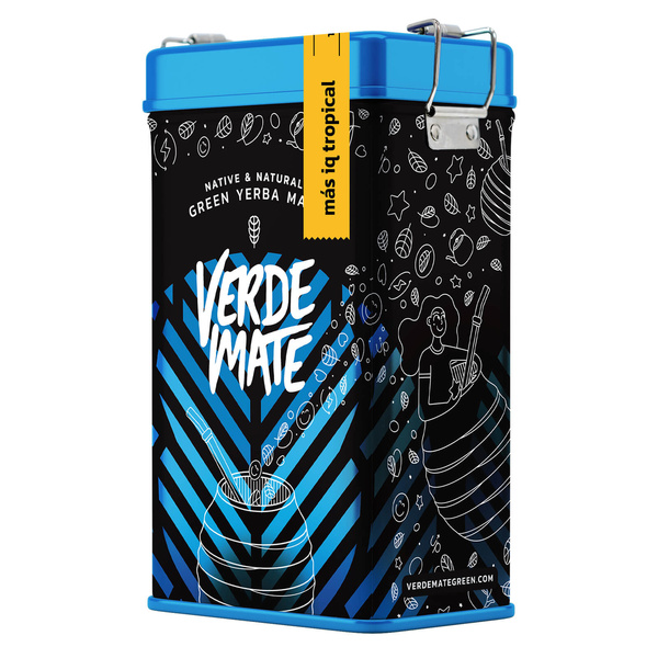 Yerbera – Cutie metalică + Verde Mate Green Más IQ Tropical 0,5 kg