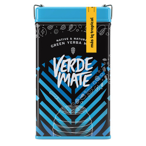 Yerbera – Cutie metalică + Verde Mate Green Más IQ Tropical 0,5 kg