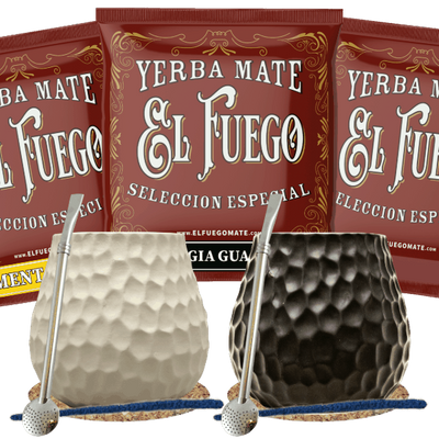 Set de Yerba Mate pentru doi: eșantioane El Fuego 3x50g + 2x Calabash + 2x Bombilla