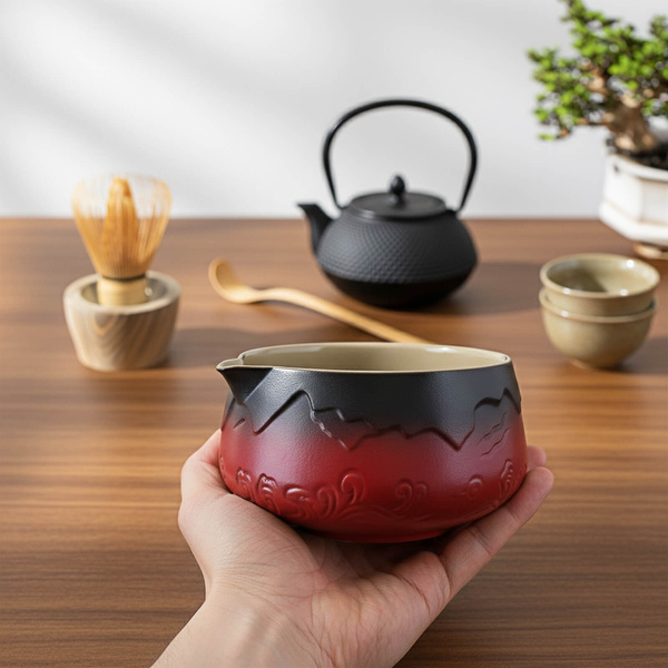 Matchawan – Bol ceramic Matcha cu gura de scurgere – Mountain (roșu)