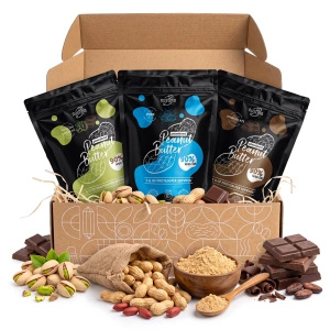 Set cadou cu unt de arahide pudră Nustino: Pure + Chocolate + Pistachio & Chocolate 3x400g