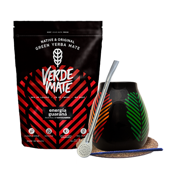 Set de Yerba Mate: Verde Mate Energía Guaraná 500g + Calabash + Bombilla
