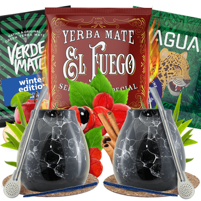 Set Yerba Mate pentru doi: mostre 3×50g + 2x Calabash + 2x Bombilla