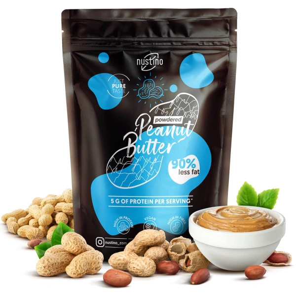 Set cadou cu unt de arahide pudră Nustino: Pure + Chocolate + Pistachio & Chocolate 3x400g