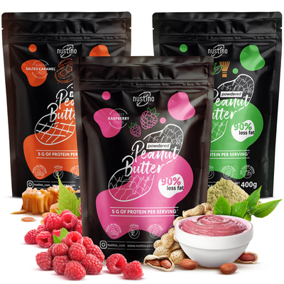Set unt de arahide pudră Nustino: Raspberry + Salted Caramel + Matcha 3x400g