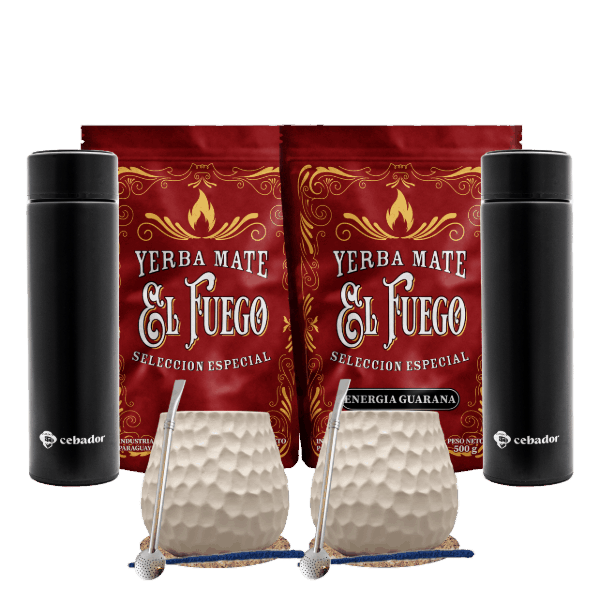 Set Yerba Mate pentru doi: El Fuego 2x500g + 2x Termos LED + 2x Calabash + 2x Bombilla