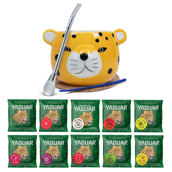 Set de Yerba Mate: mostre Yaguar 10x50g + Calabash + Bombilla