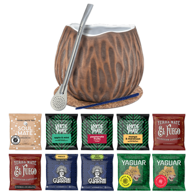 Set Yerba Mate 10x50g Calabash Cocos Bombilla 500g