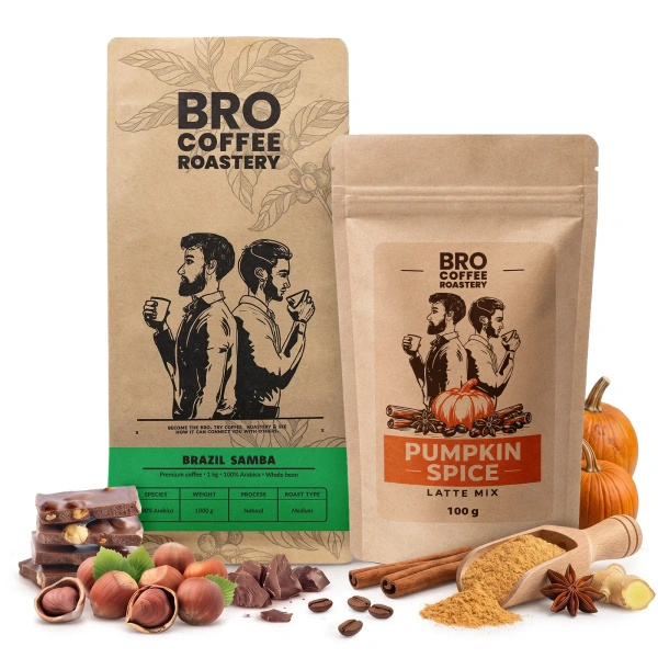 Set pentru Pumpkin Spice Latte: cafea Bro Coffee Roastery Brazil Samba 1kg + Pumpkin Spice Latte Mix 100g