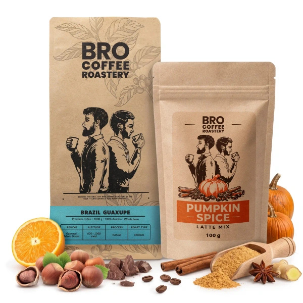 Set pentru Pumpkin Spice Latte: cafea Bro Coffee Roastery Brazil Guaxupe 1kg + Pumpkin Spice Latte Mix 100g