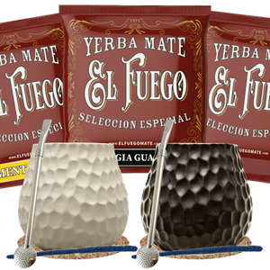 Set de Yerba Mate pentru doi: eșantioane El Fuego 3x50g + 2x Calabash + 2x Bombilla
