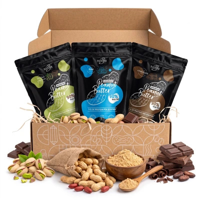 Set cadou cu unt de arahide pudră Nustino: Pure + Chocolate + Pistachio & Chocolate 3x400g