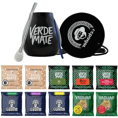 Set de Yerba Mate: mostre 10x50g + încălzitor USB pentru cană + Calabash + Bombilla