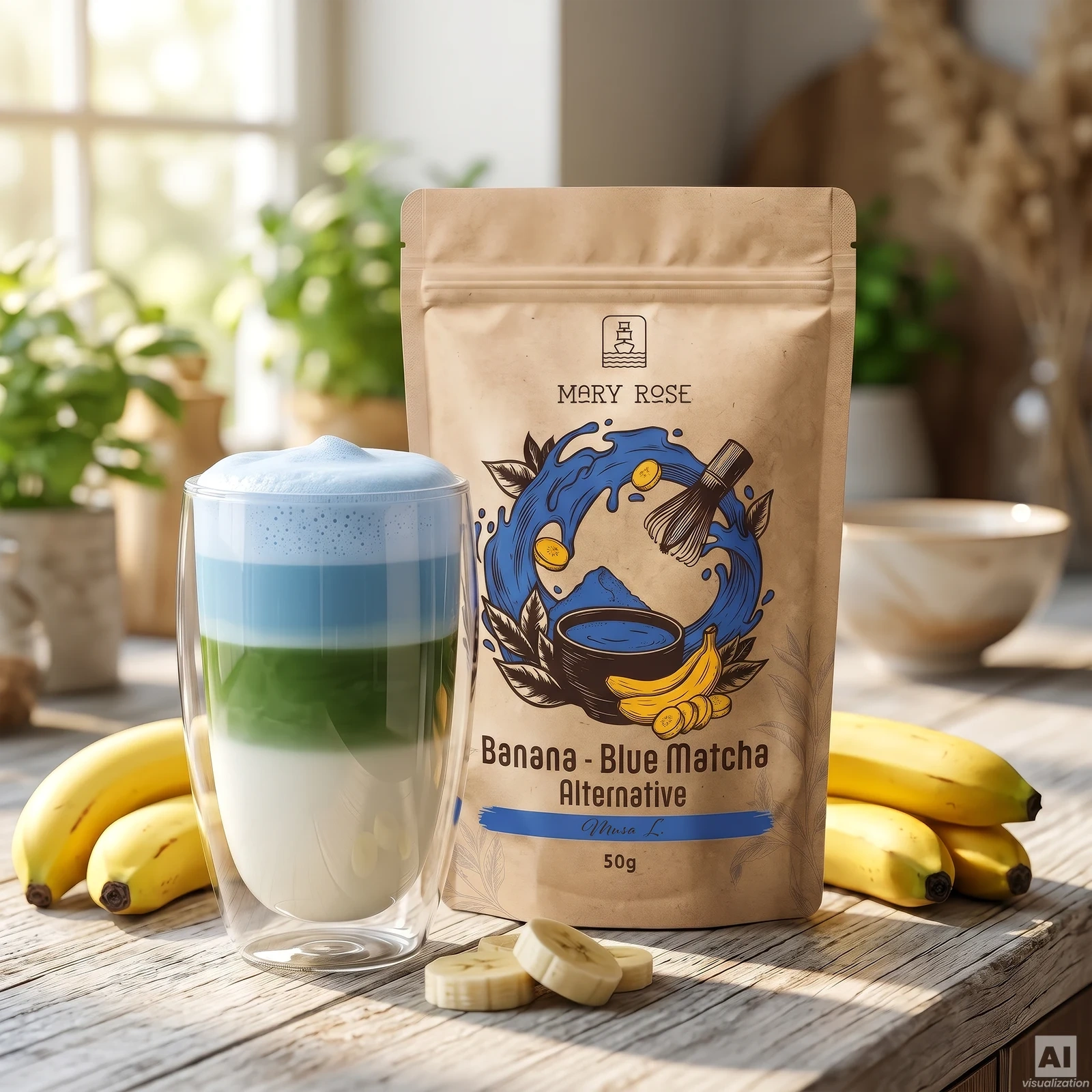 Blue Banana Matcha Latte tricolor cu Mary Rose Blue Matcha Alternative Banană