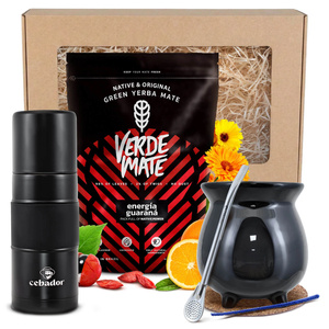Set de cadou de Yerba Mate: Verde Mate Energía Guaraná 0,4kg + Yerbomos X + Calabash + Bombilla