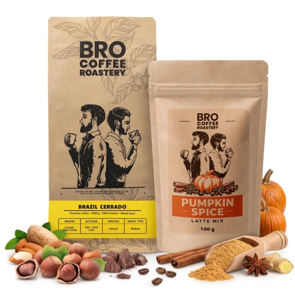 Set pentru Pumpkin Spice Latte: cafea Bro Coffee Roastery Brazil Cerrado 1kg + Pumpkin Spice Latte Mix 100g