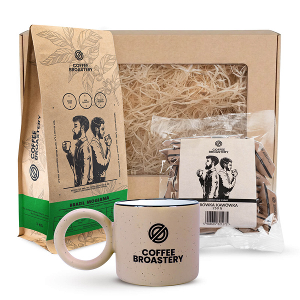 Set cadou Coffee Broastery: cafea Brazil Mogiana + caramele cu lapte cu aromă de cafea + cană